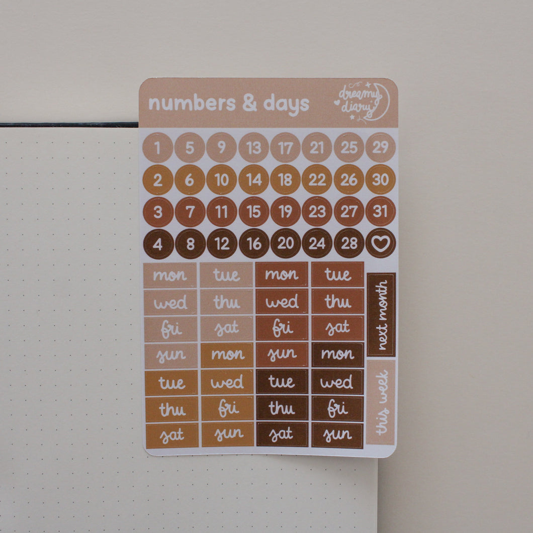 Dark Neutral Numbers & Days Sticker Sheet